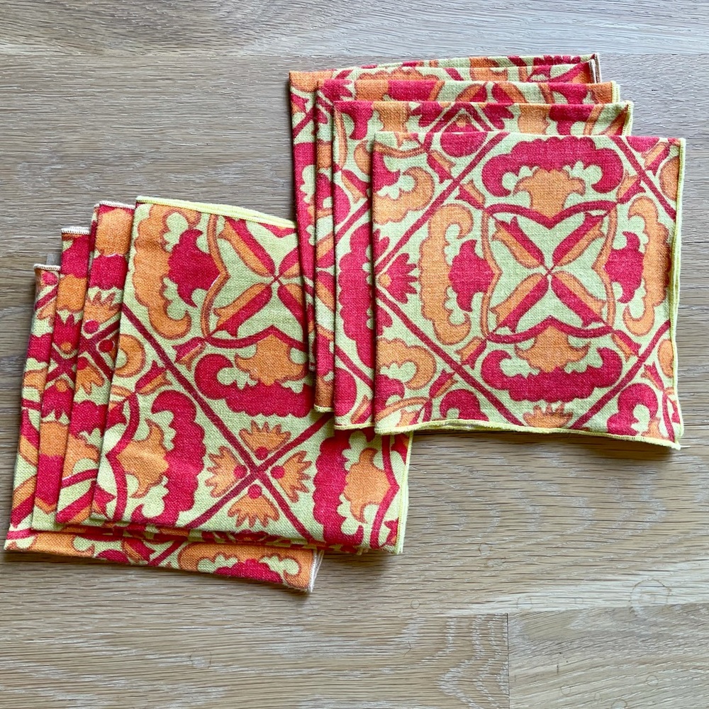 Eight (8) vintage red, orange and gold napkins